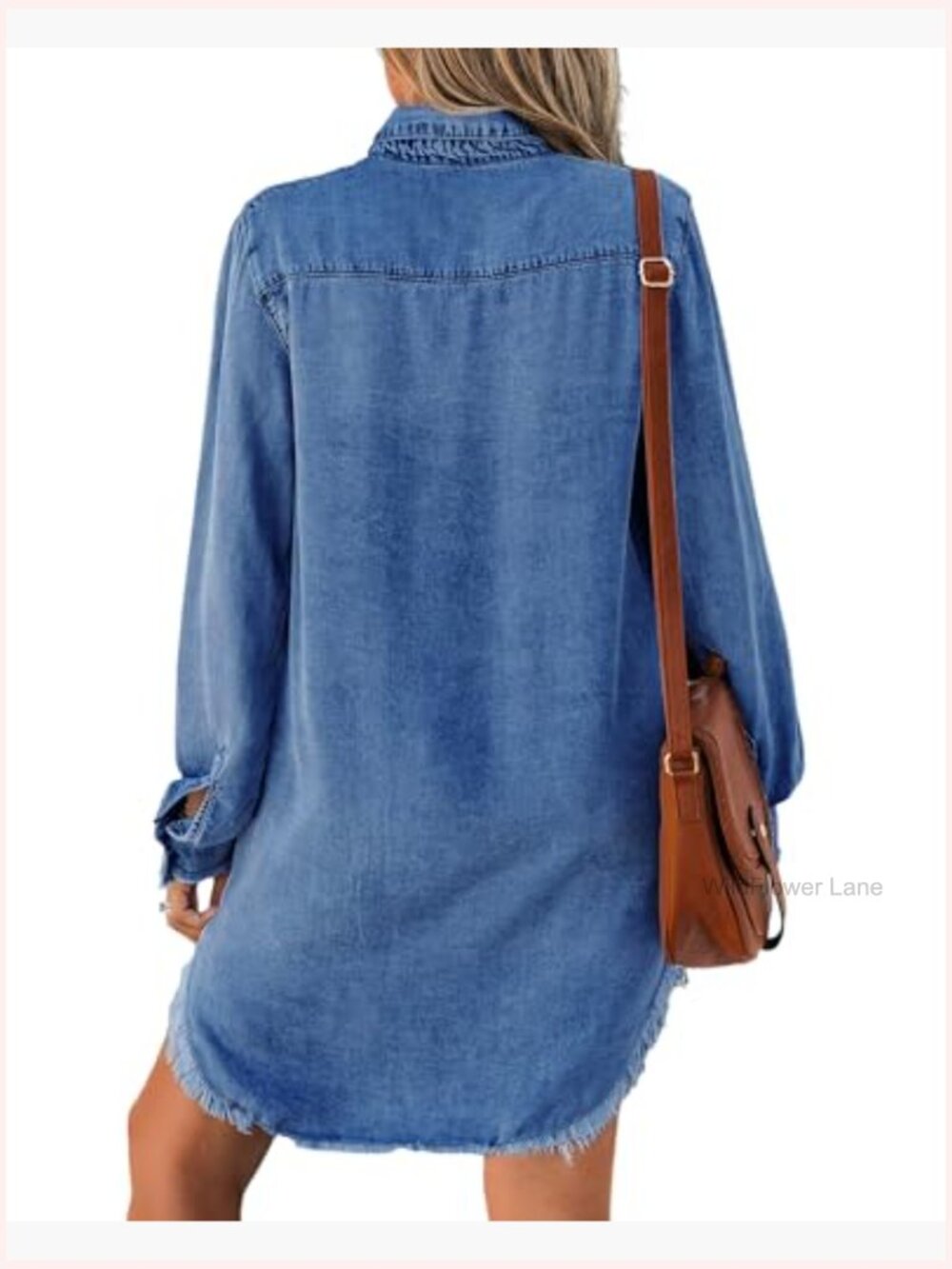 Long Sleeve Denim Shirt Dress with Pockets Button Down Tunic Top - Picture 2 of 7